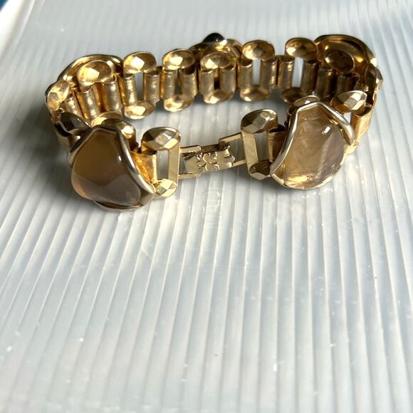 Vintage Art Nouveau-Style Gold-tone Bracelet with Triangle Moss Agate Stones - Picture 3 of 7